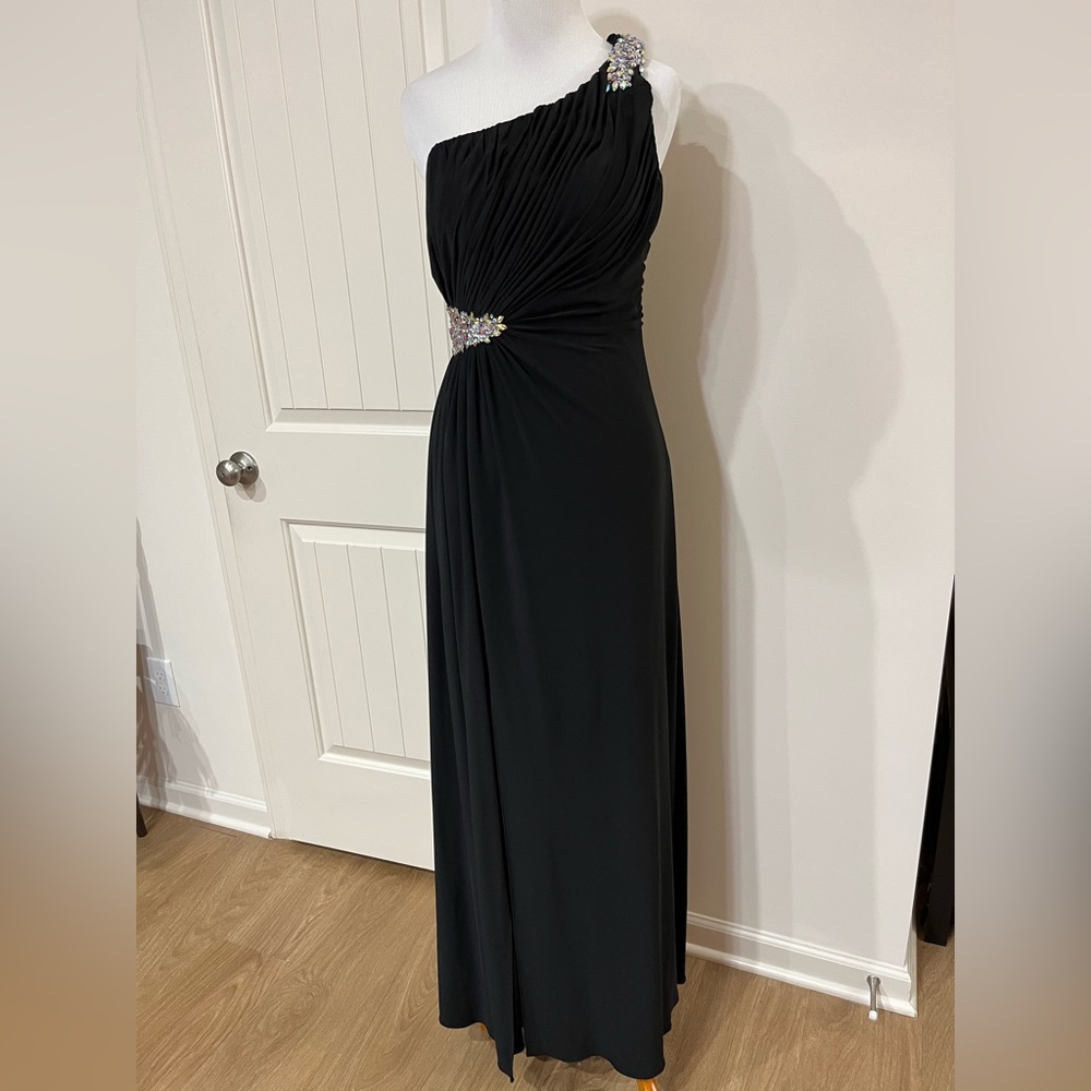 Betsy & Adam One Shoulder Black Dress with jewels